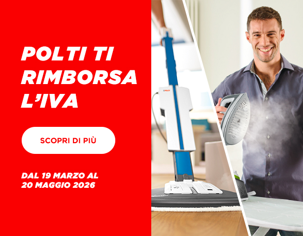 L'immagine mostra un ragazzo con in mano un ferro da stiro e una scopa a vapore Polti