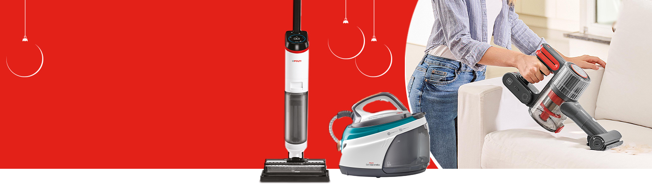 A imagem mostra productos per la limpieza Polti