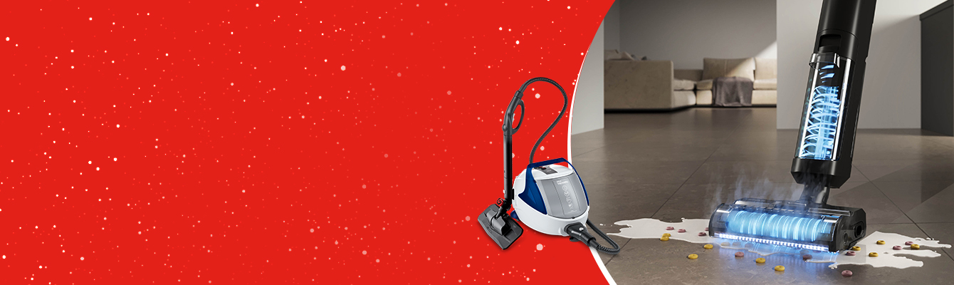 A imagem mostra os eletrodomésticos Polti Rollysteam a limpar um piso com vapor