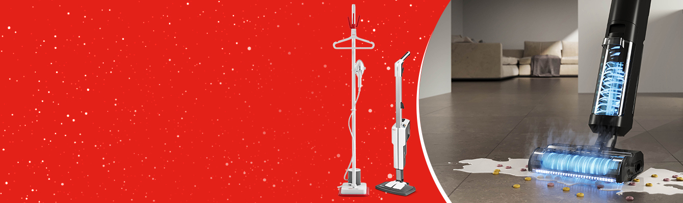 L'immagine mostra gli elettrodomestici Polti Rollysteam che pulisce un pavimento con il vapore